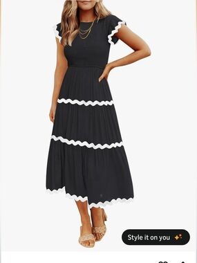 ZESICA Women's Summer Casual Black Smocked Midi Dress with White Trim | XL | NWT